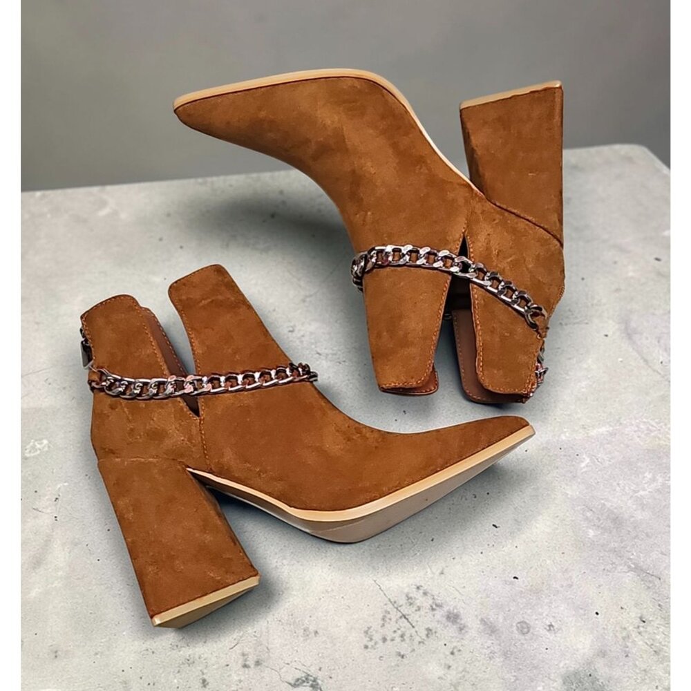 Tan Faux Suede Pointed Toe Ankle Boots With Silver Chain Detail & Block Heel - Picture 6 of 8